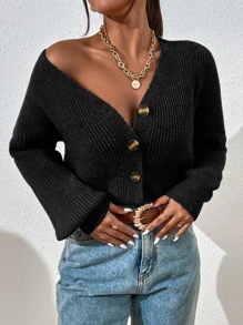 RosyDaze Cárdigan de punto acanalado con hombros caídos, tops de manga larga - Negro - Ver 3