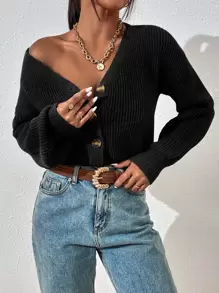 RosyDaze Cárdigan de punto acanalado con hombros caídos, tops de manga larga - Negro - Ver 5