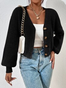 RosyDaze Cárdigan de punto acanalado con hombros caídos, tops de manga larga - Negro - Ver 6