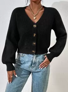 RosyDaze Cárdigan de punto acanalado con hombros caídos, tops de manga larga - Negro - Ver 7