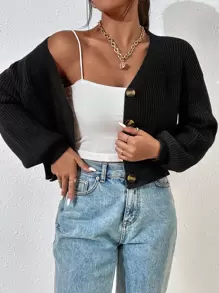 RosyDaze Cárdigan de punto acanalado con hombros caídos, tops de manga larga - Negro - Ver 8