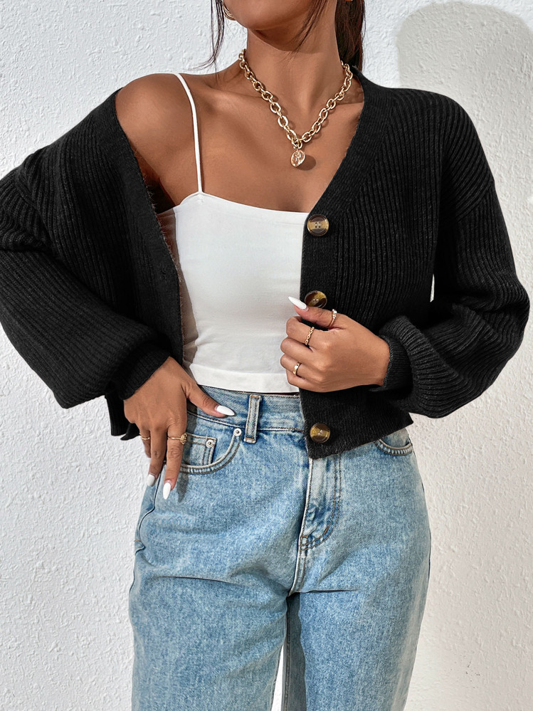 RosyDaze Drop Shoulder Ribbed Knit Cardigan,Long Sleeve Tops Fall Winter Cloth For Women - Black - View 8