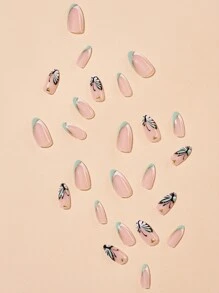 Get Glamorous with 24pcs Short Almond French Style Butterfly Pattern Fake Nail & 1sheet Tape & 1pc Nail File - Multicolor - View 5