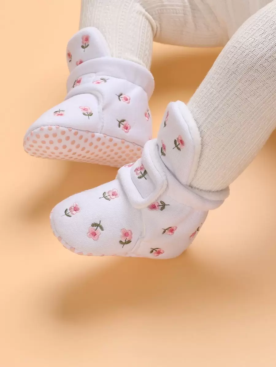 嬰兒花卉刺繡毛絨內襯雪地靴 - 白色 - 查看 1