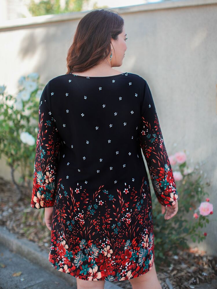 EMERY ROSE Plus Floral Print V Neck Dress - Black - View 2