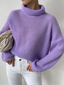 SHEIN Essnce High Neck Drop Shoulder Jumper - Purple - View 1