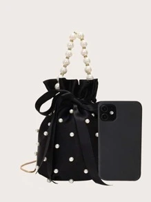 Túi xách mini trang trí ngọc trai giả & kim cương giả thời trang sang trọng sang trọng Ngọc trai mini tay cầm hình dạng thùng Túi đeo vai đính cườm ngọc trai Túi xách buổi tối Logo tùy chỉnh - màu đen - Xem 5