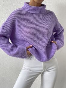 SHEIN Essnce High Neck Drop Shoulder Jumper - Purple - View 3