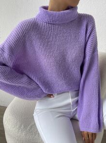 SHEIN Essnce High Neck Drop Shoulder Jumper - Purple - View 4