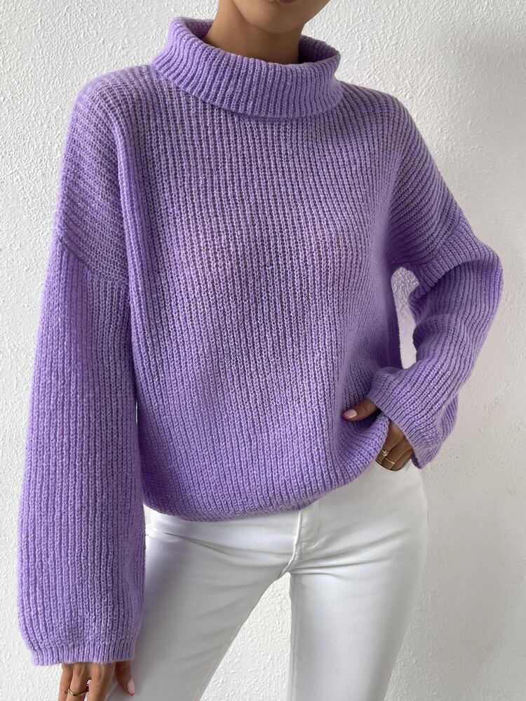 SHEIN Essnce High Neck Drop Shoulder Sweater - Purple - View 5