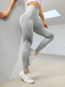 Easithlete 條紋圖案緊身打底褲無縫高彈力收復活躍緊身打底褲帶鏤空 - 淺灰色 - 查看 4