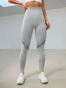 Easithlete 條紋圖案緊身打底褲無縫高彈力收復活躍緊身打底褲帶鏤空 - 淺灰色 - 查看 5