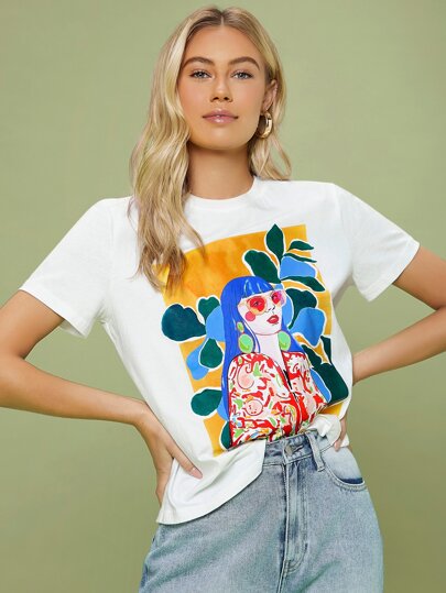 Penelope Ping Designer Figure Graphic Tee, For Summer, 100% Cotton, Holiday, Vacation, Spring, Festival, Ibiza Fits