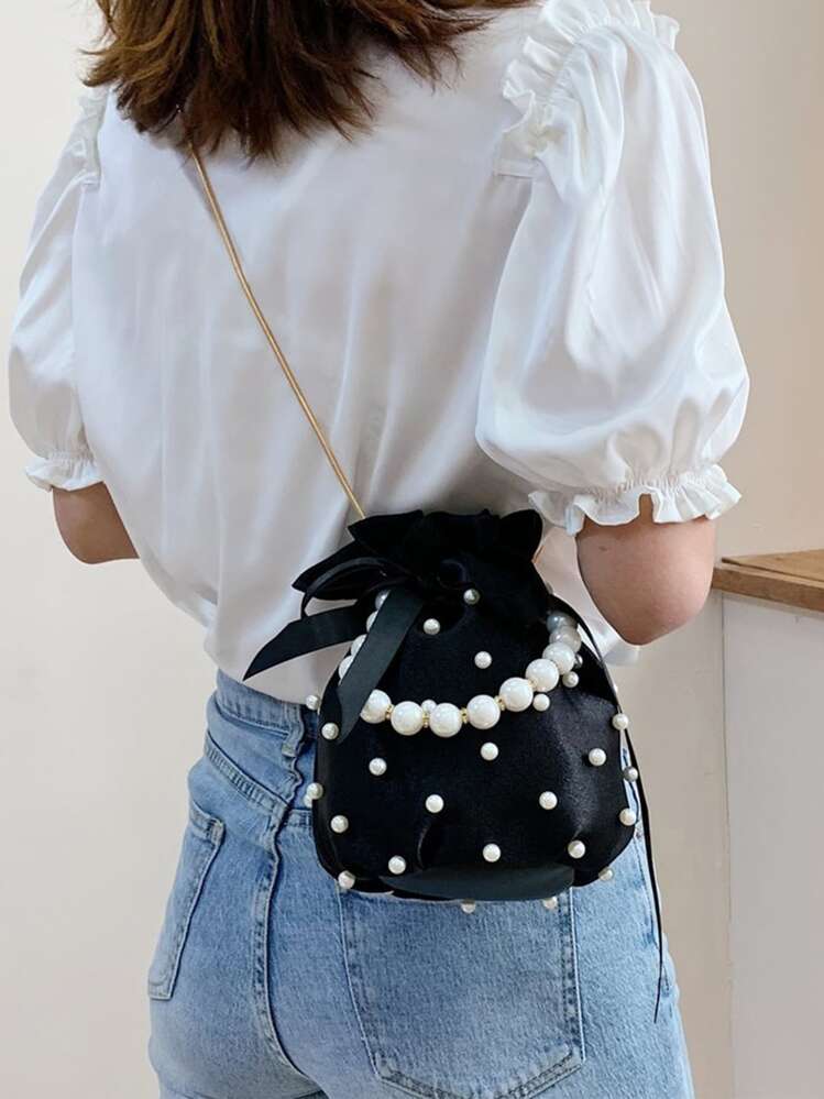 Mini Faux Pearl & Rhinestone Decor Bucket Bag Fashion Luxury Chic Mini Pearl Handle Bucket Shape Shoulder Bag Pearl Beaded Evening Handbag Custom Logo Purse - Black - View 7