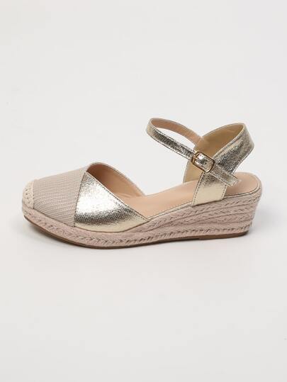 Fashionable Women's Gold Elastic Band Woven Jute Rope Round Toe Wedge Shoes