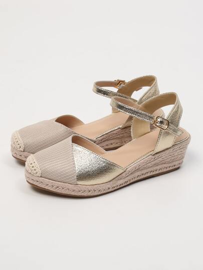 Fashionable Women's Gold Elastic Band Woven Jute Rope Round Toe Wedge Shoes