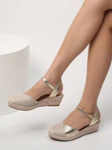 Fashionable Women's Gold Elastic Band Woven Jute Rope Round Toe Wedge Shoes