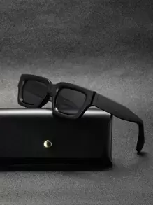 1pc Men's Vintage Thick Frame Square Frame Plastic Frame Summer Sun Protection Fashion Glasses Flat Top Fashion Glasses Thick Texture Suitable For Daily Commute Black Tea Color Transparent Gray Glasses Unisex Geometric 3D Glasses Cyber Style (Includes Glasses Rope And PU Glasses Case) - Black - View 2