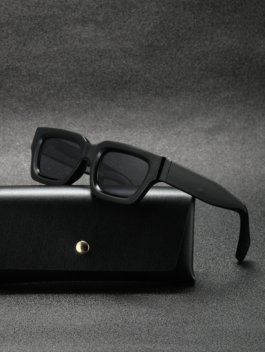 1pc Men's Vintage Thick Frame Square Frame Plastic Frame Summer Sun Protection Fashion Glasses Flat Top Fashion Glasses Thick Texture Suitable For Daily Commute Black Tea Color Transparent Gray Glasses Unisex Geometric 3D Glasses Cyber Style (Includes Glasses Rope And PU Glasses Case)