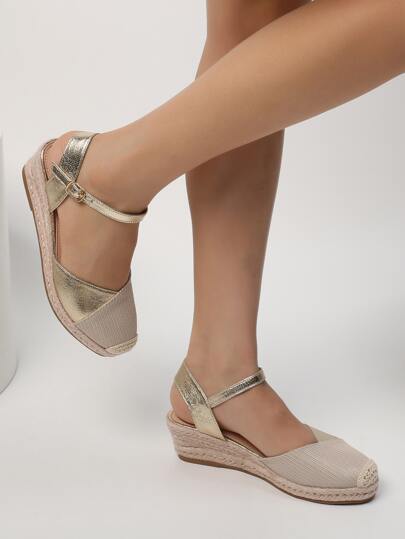 Fashionable Women's Gold Elastic Band Woven Jute Rope Round Toe Wedge Shoes