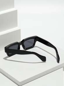 1pc Men's Vintage Thick Frame Square Frame Plastic Frame Summer Sun Protection Fashion Glasses Flat Top Fashion Glasses Thick Texture Suitable For Daily Commute Black Tea Color Transparent Gray Glasses Unisex Geometric 3D Glasses Cyber Style (Includes Glasses Rope And PU Glasses Case) - Black - View 7