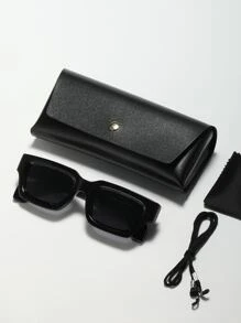 1pc Men's Vintage Thick Frame Square Frame Plastic Frame Summer Sun Protection Fashion Glasses Flat Top Fashion Glasses Thick Texture Suitable For Daily Commute Black Tea Color Transparent Gray Glasses Unisex Geometric 3D Glasses Cyber Style (Includes Glasses Rope And PU Glasses Case) - Black - View 8