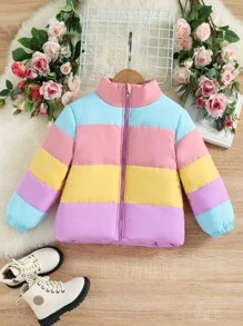 Toddler Girls Colourblock Zip Up Winter Coat - Multicolor - View 4