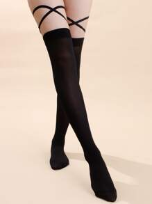 Criss Cross Over The Knee Socks - màu đen - Xem 1