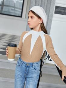 Girls Colorblock Raglan Sleeve Ribbed Knit Sweater - Khaki - View 1