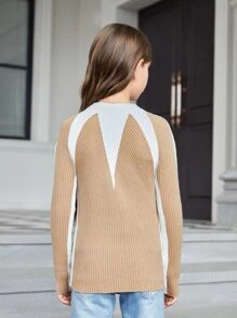 Girls Colorblock Raglan Sleeve Ribbed Knit Sweater - Khaki - View 2