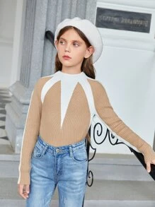 Girls Colorblock Raglan Sleeve Ribbed Knit Sweater - Khaki - View 3