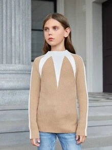 Girls Colorblock Raglan Sleeve Ribbed Knit Sweater - Khaki - View 4