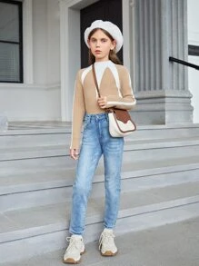 Girls Colorblock Raglan Sleeve Ribbed Knit Sweater - Khaki - View 5