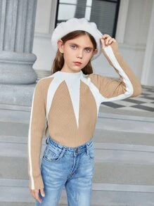 Girls Colorblock Raglan Sleeve Ribbed Knit Sweater - Khaki - View 6