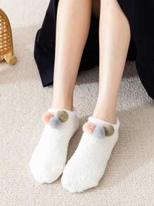 Pompom Decor Fuzzy Socks - White - View 1