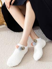 Pompom Decor Fuzzy Socks - White - View 2