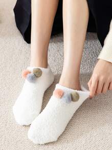 Pompom Decor Fuzzy Socks - White - View 4