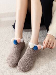 球球裝飾毛絨襪子 - 咖啡棕 - 查看 1