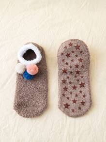 球球裝飾毛絨襪子 - 咖啡棕 - 查看 4