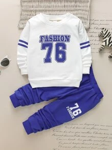 SHEIN 年輕男孩字母圖形運動衫和汗褲 - 藍白色 - 查看 1