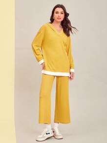 Mulvari Drop Shoulder Contrast Trim Hoodie & Wide Leg Trousers - Yellow - View 1