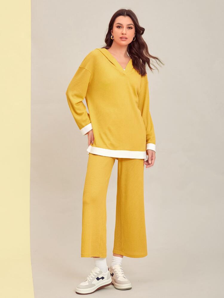 Mulvari Drop Shoulder Contrast Trim Hoodie & Wide Leg Trousers - Yellow - View 1