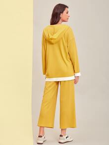 Mulvari Drop Shoulder Contrast Trim Hoodie & Wide Leg Trousers - Yellow - View 2