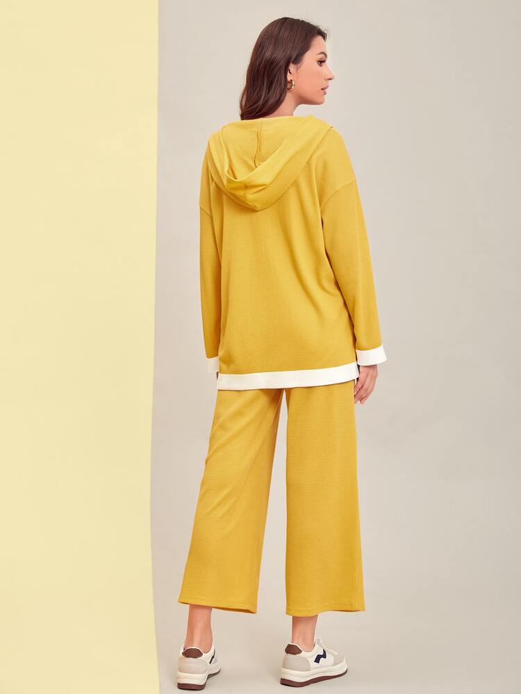 Mulvari Drop Shoulder Contrast Trim Hoodie & Wide Leg Trousers - Yellow - View 2