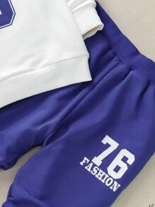 SHEIN 年輕男孩字母圖形運動衫和汗褲 - 藍白色 - 查看 3