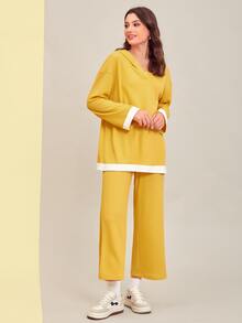 Mulvari Drop Shoulder Contrast Trim Hoodie & Wide Leg Trousers - Yellow - View 3
