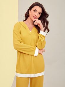 Mulvari Drop Shoulder Contrast Trim Hoodie & Wide Leg Trousers - Yellow - View 4