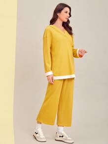 Mulvari Drop Shoulder Contrast Trim Hoodie & Wide Leg Trousers - Yellow - View 5