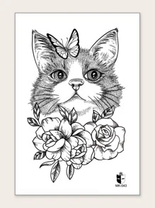 1 hoja Pegatina tatuaje flor & con patrón de gato - Negro - Ver 1