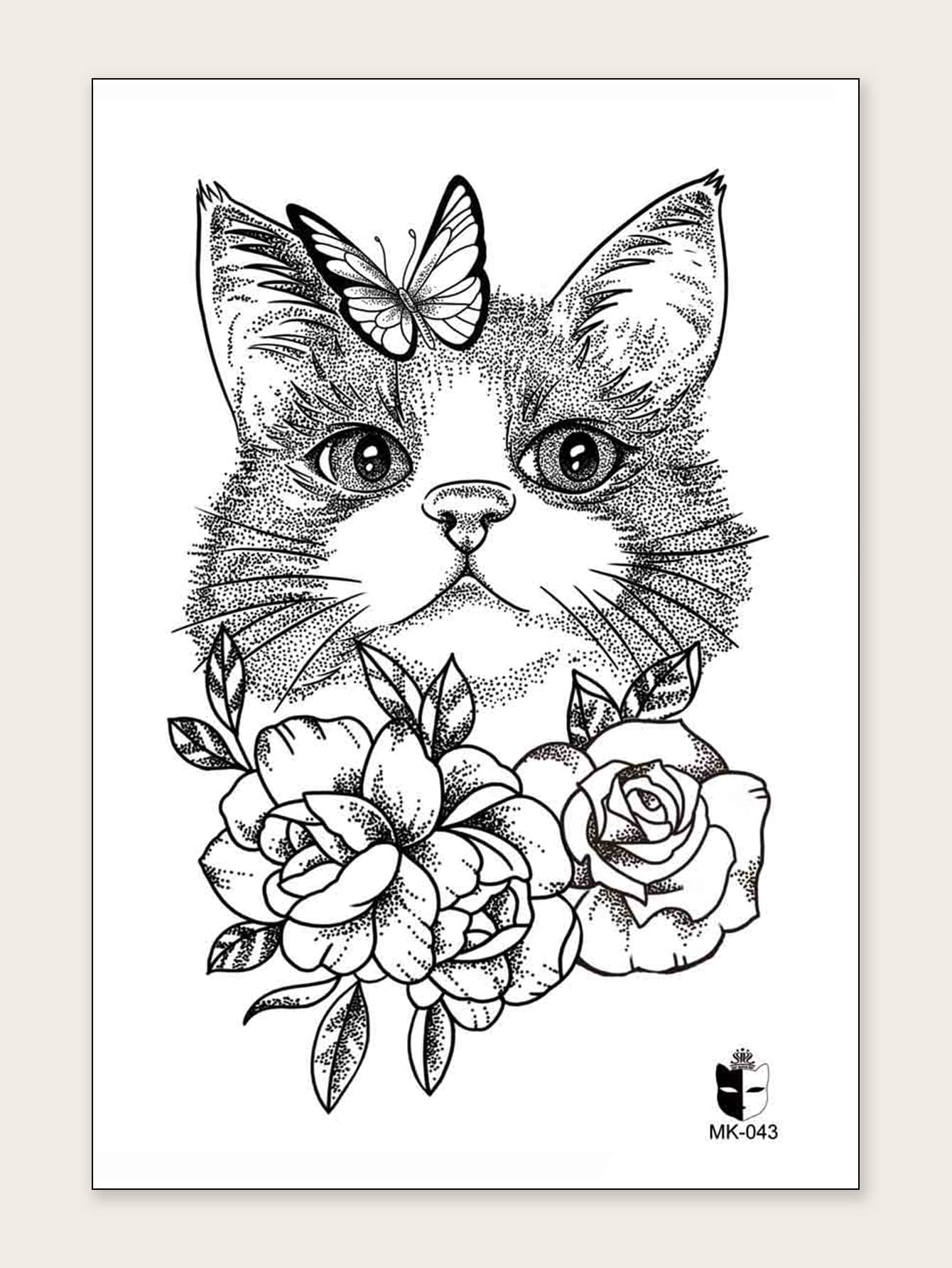1 hoja Pegatina tatuaje flor & con patrón de gato - Negro - Ver 1
